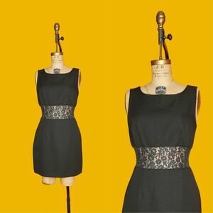 1990s-Y2K NU OZ Lace Cut Out Semi SHEER Midriff Black Party Dress. Medium-Large